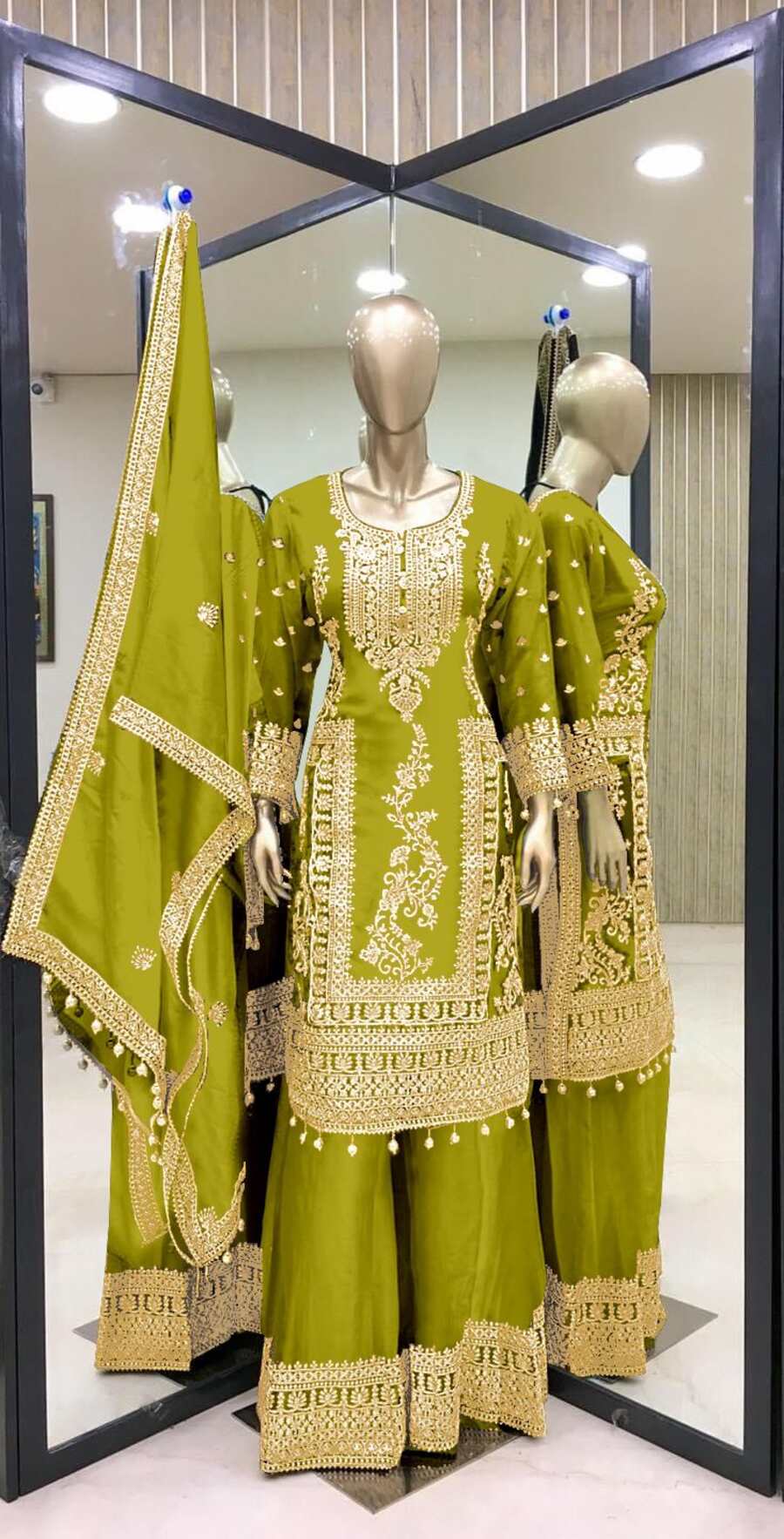 69336 FANCY CHINON EMBROIDERY CODING DORI SEQUENCE WORK TOP PALAZZO WITH DUPATTA (Punjabi Salwar Kameez Suit)