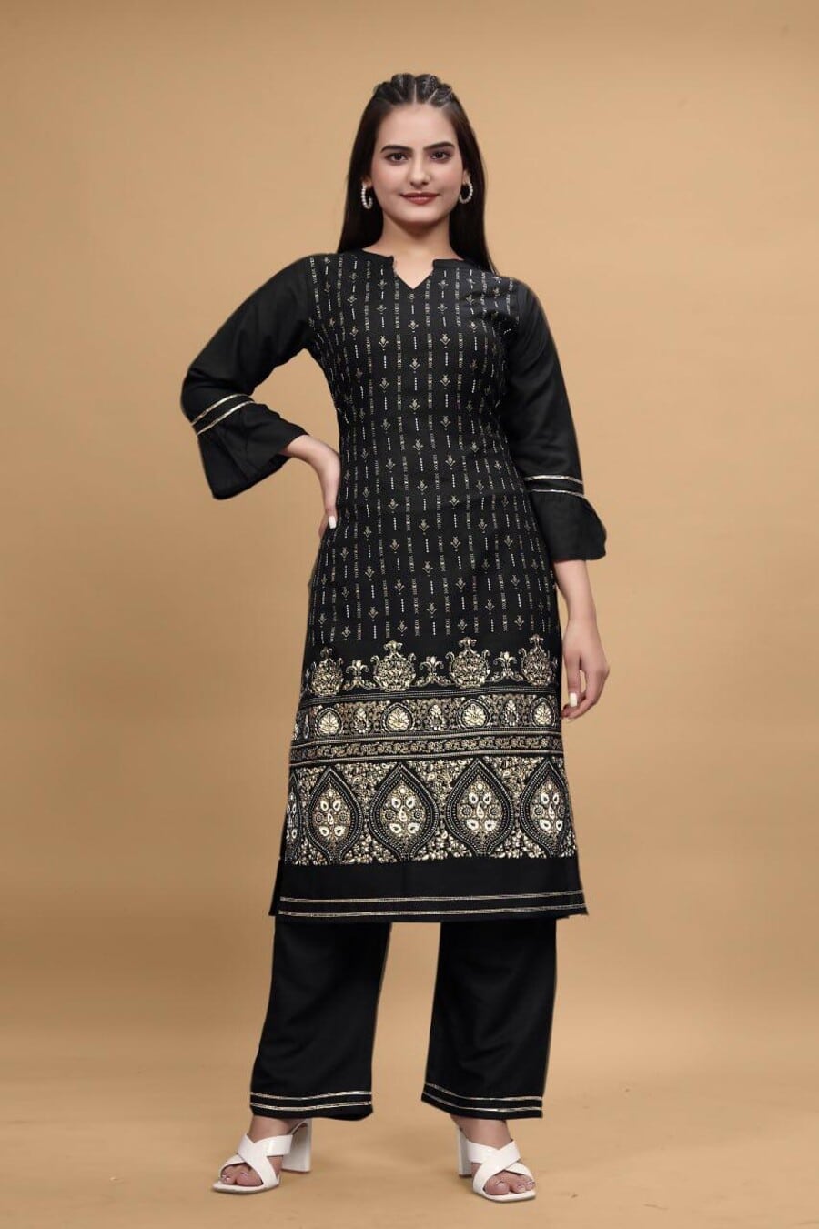 69036 DESIGNER RAYON FOIL PRINT WORK KURTI WITH PANT SET