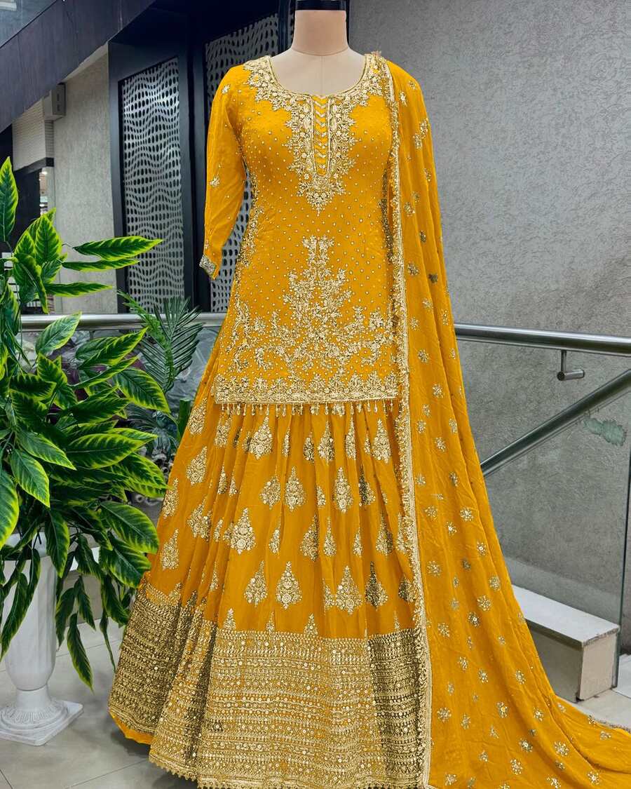 69937 DESIGNER CHINON SILK EMBROIDERY SEQUENCE WORK TOP LEHENGA CHOLI WITH DUPATTA