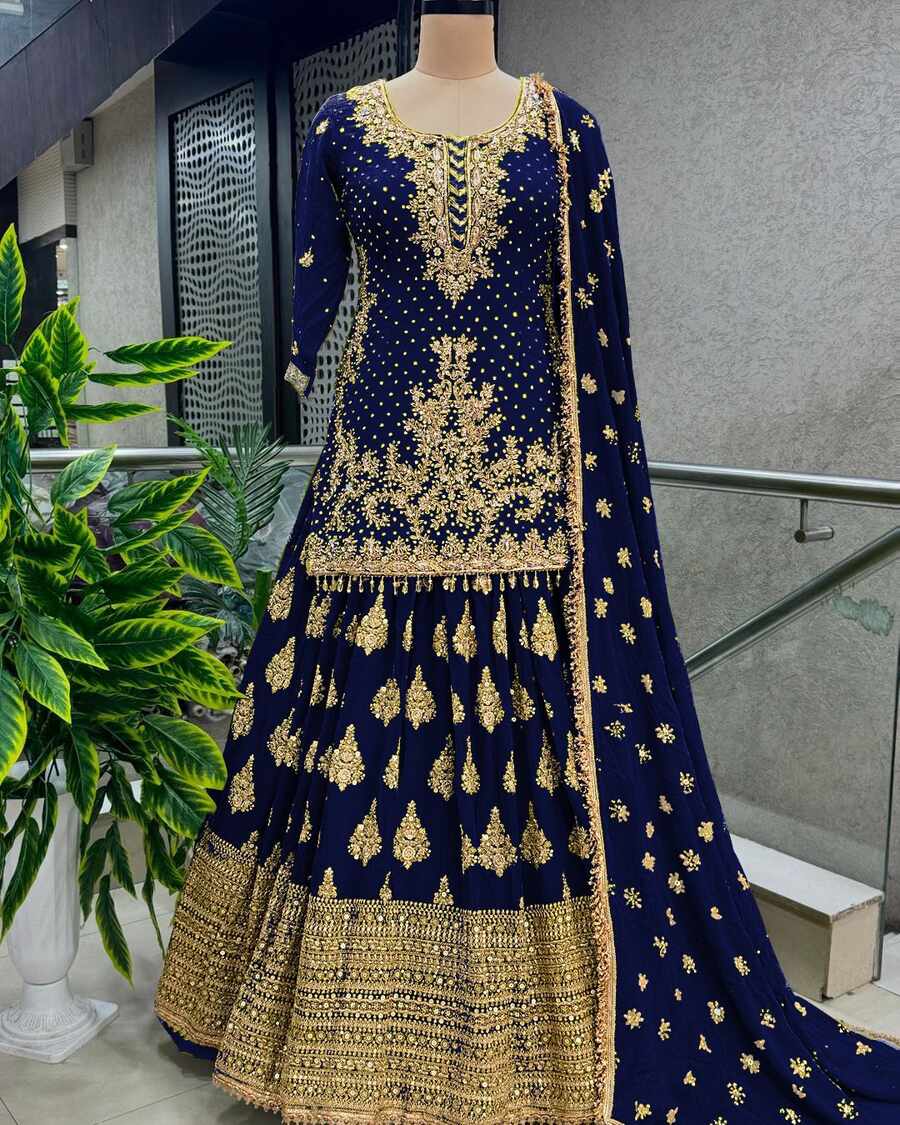 69937 DESIGNER CHINON SILK EMBROIDERY SEQUENCE WORK TOP LEHENGA CHOLI WITH DUPATTA