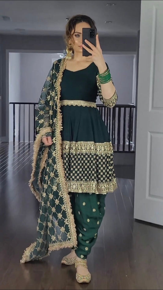 56974 FASHIONABLE GEORGETTE EMBROIDERY SEQUENCE WORK TOP DHOTI WITH DUPATTA DARK (Punjabi Suit) GREEN