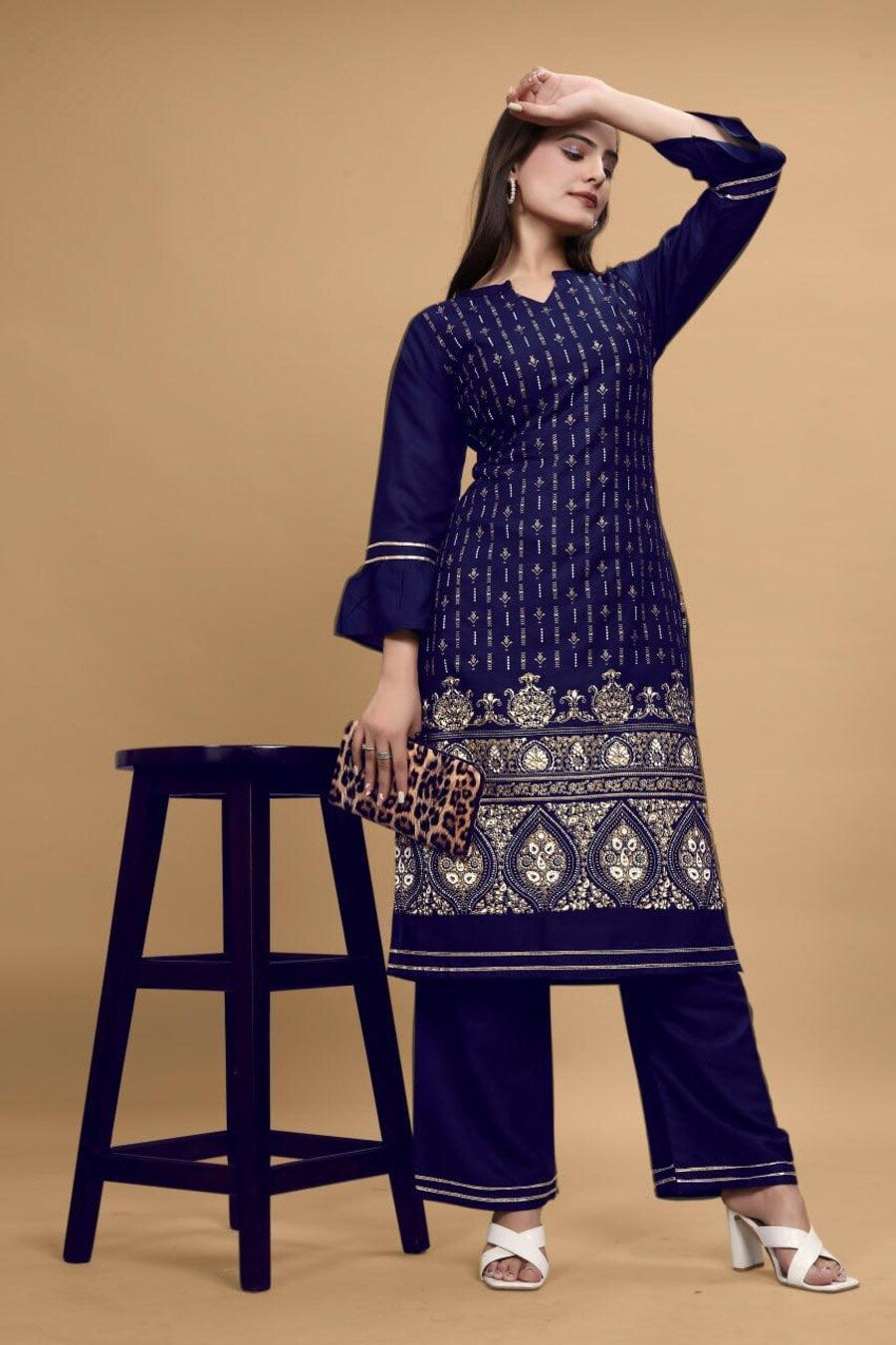 69036 DESIGNER RAYON FOIL PRINT WORK KURTI WITH PANT SET