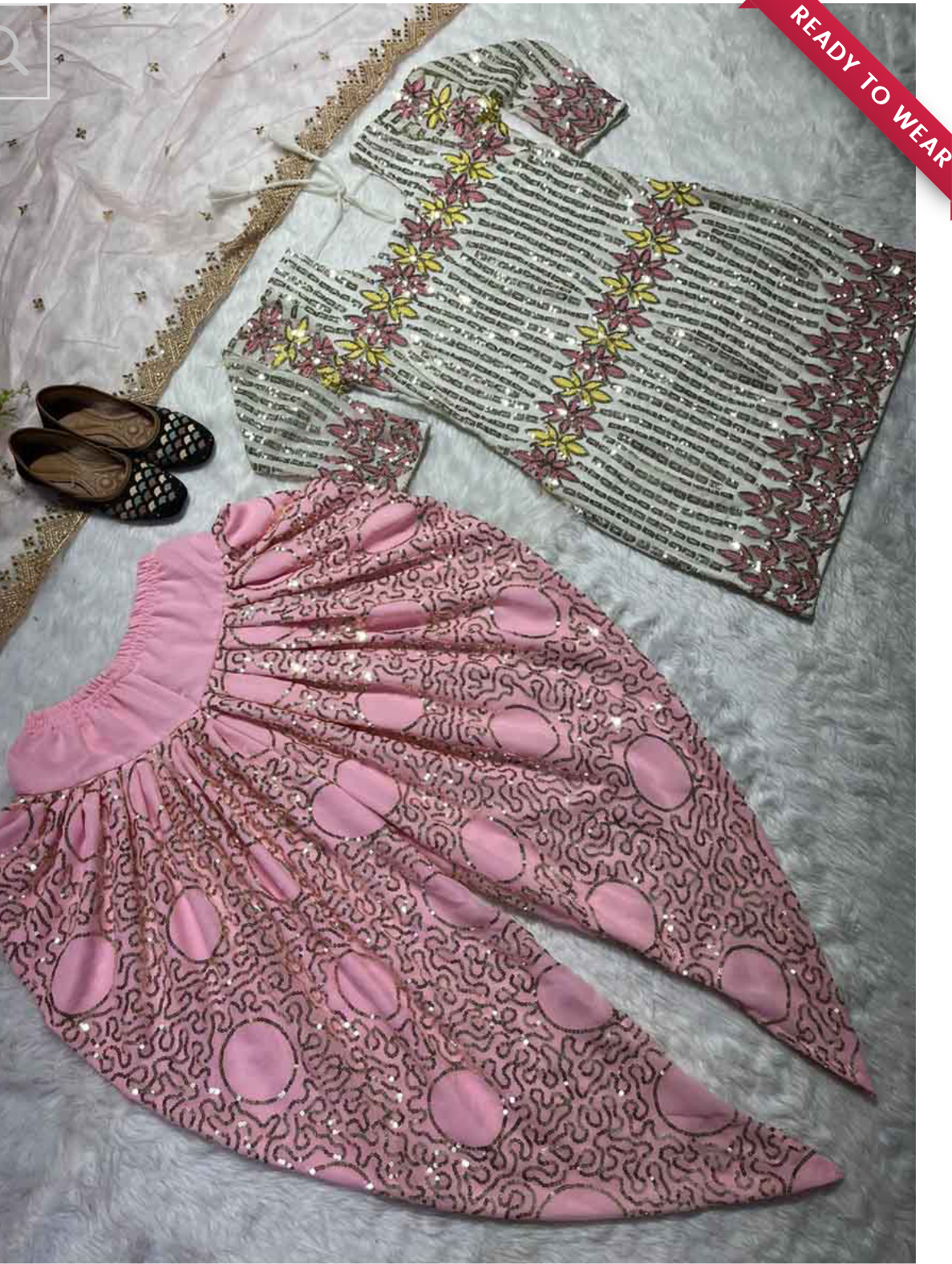 58792 DESIGNER SEQUENCE EMBROIDERY WORK TOP DHOTI WITH DUPATTA WHITE WITH PINK