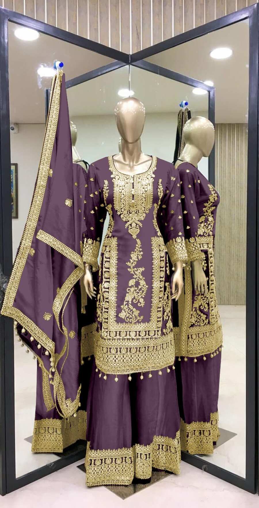 69336 FANCY CHINON EMBROIDERY CODING DORI SEQUENCE WORK TOP PALAZZO WITH DUPATTA (Punjabi Salwar Kameez Suit)