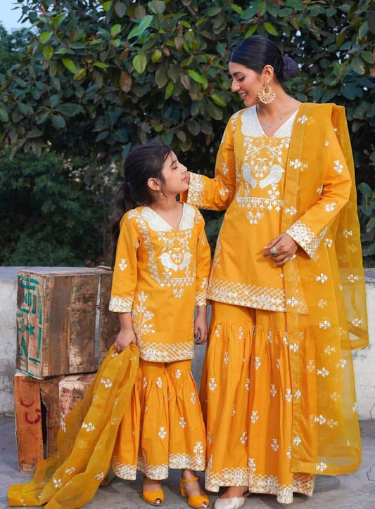 68871-1 FASHIONABLE GEORGETTE EMBROIDERY WORK LACE WORK TOP SHARARA WITH DUPATTA MOTHER DAUGHTER COMBO YELLOW (Mother-Daughter Set)