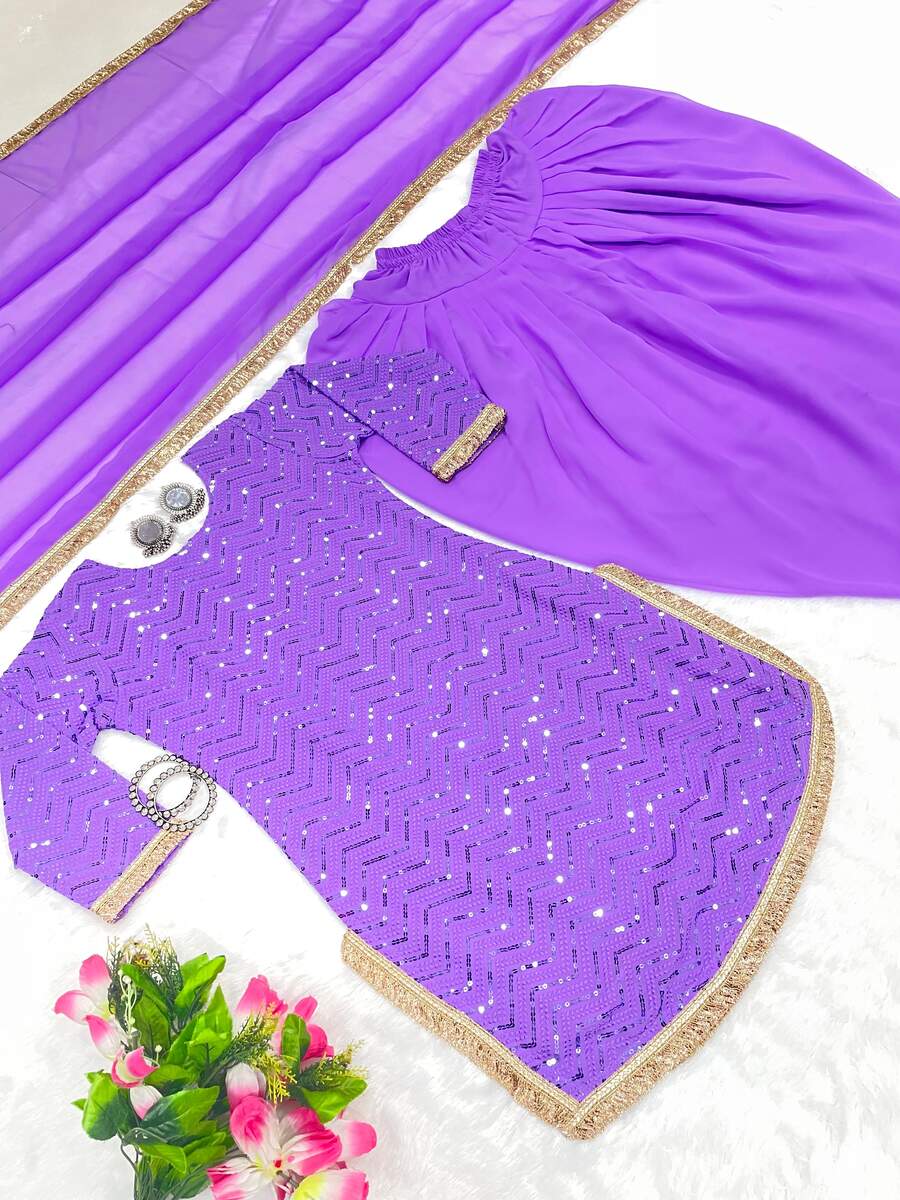 70408 FANCY GEORGETTE EMBROIDERY THREAD SEQUENCE WORK TOP DHOTI WITH DUPATTA (Punjabi Salwar Suit) PURPLE