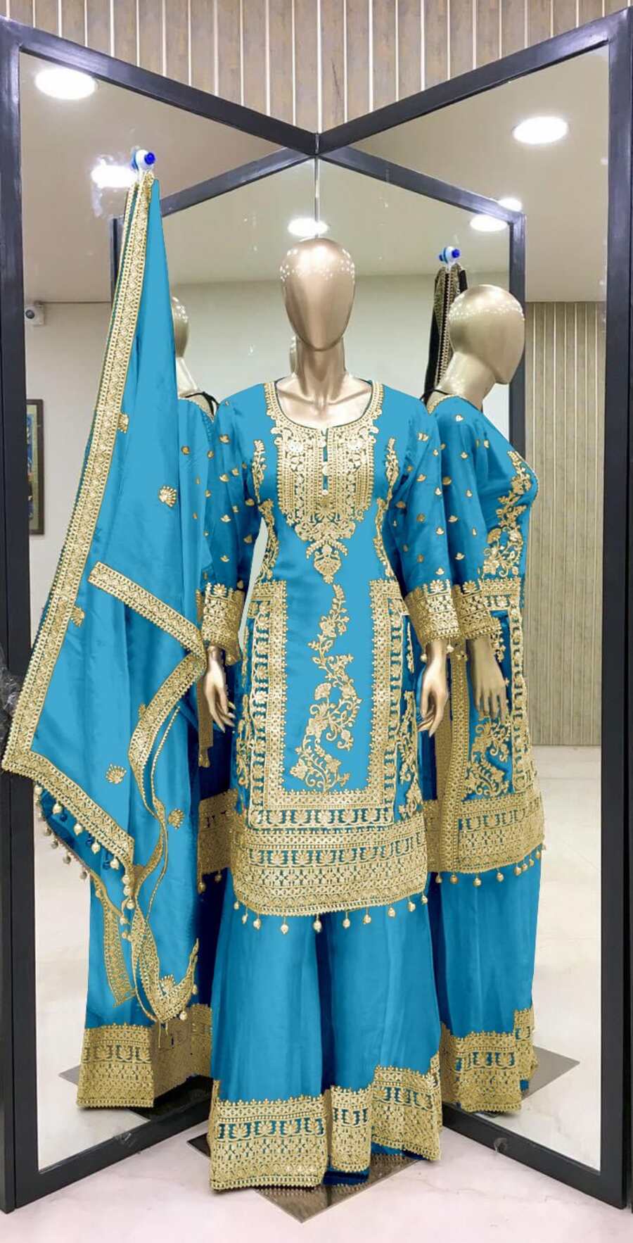 69336 FANCY CHINON EMBROIDERY CODING DORI SEQUENCE WORK TOP PALAZZO WITH DUPATTA (Punjabi Salwar Kameez Suit)