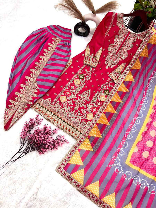 70691-1 DESIGNER CHINON EMBROIDERY SEQUENCE WORK TOP DHOTI WITH DUPATTA RED/MULTICOLOUR