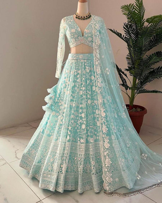 68759 BUTTERFLY NET THREAD WITH SEQUENCE WORK LEHENGA CHOLI WITH DUPATTA WHITE