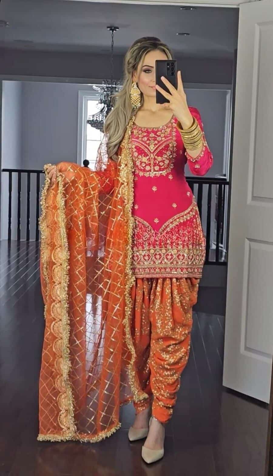 67178-1 PARTY WEAR GEORGETTE EMBROIDERY SEQUENCE WORK TOP DHOTI WITH DUPATTA (Punjabi Salwar Suit) PINK WITH ORANGE