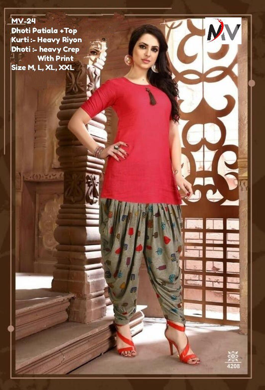 EG31047 Fancy wear top and silk print dhoti patiala punjabi red