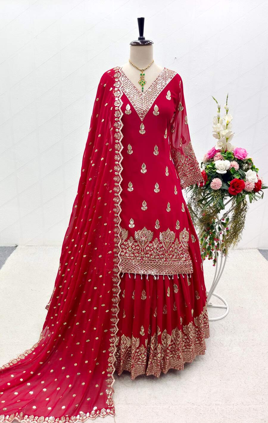 69232-2 DESIGNER GEORGETTE EMBROIDERY SEQUENCE WORK TOP LEHENGA WITH DUPATTA RED